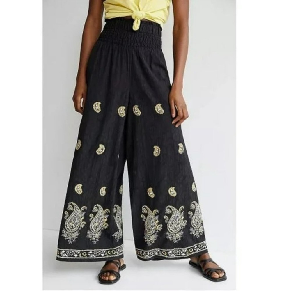 Anthropologie Black Paisley Wide-Leg Pants - size 2X